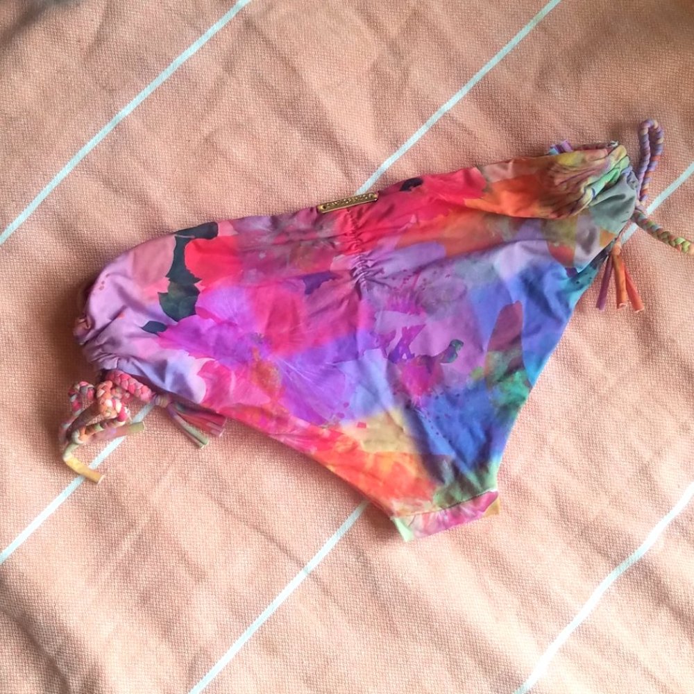 SAN LORENZO Size S Reversible, Rainbow Tropical, Side Tie, Ruched Bikini Bottom!